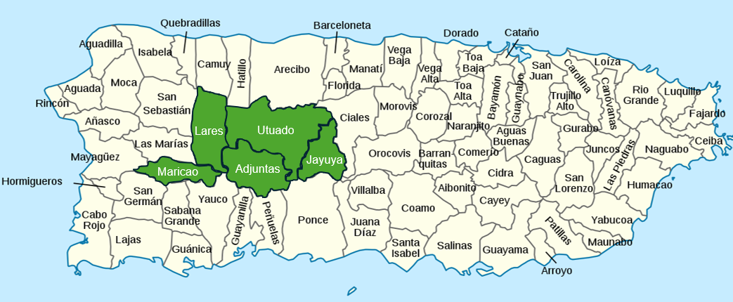 Map of Puerto Rico that shows the municipalities within Cooperativa Hidroeléctrica de la Montaña's service area
